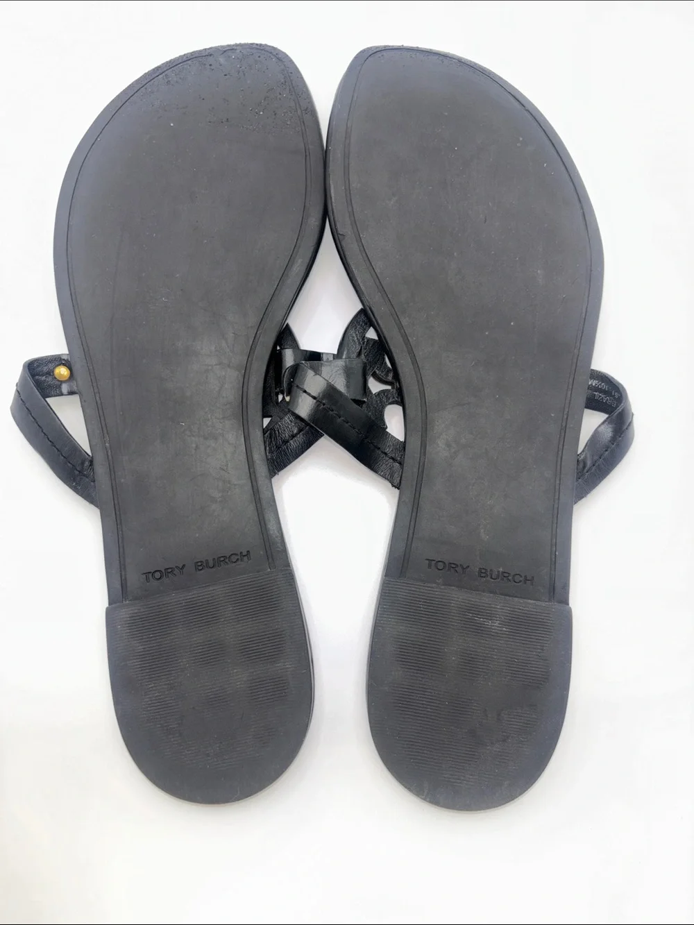 Tory Burch Black Leather Logo Thong Sandals with Gold Studs